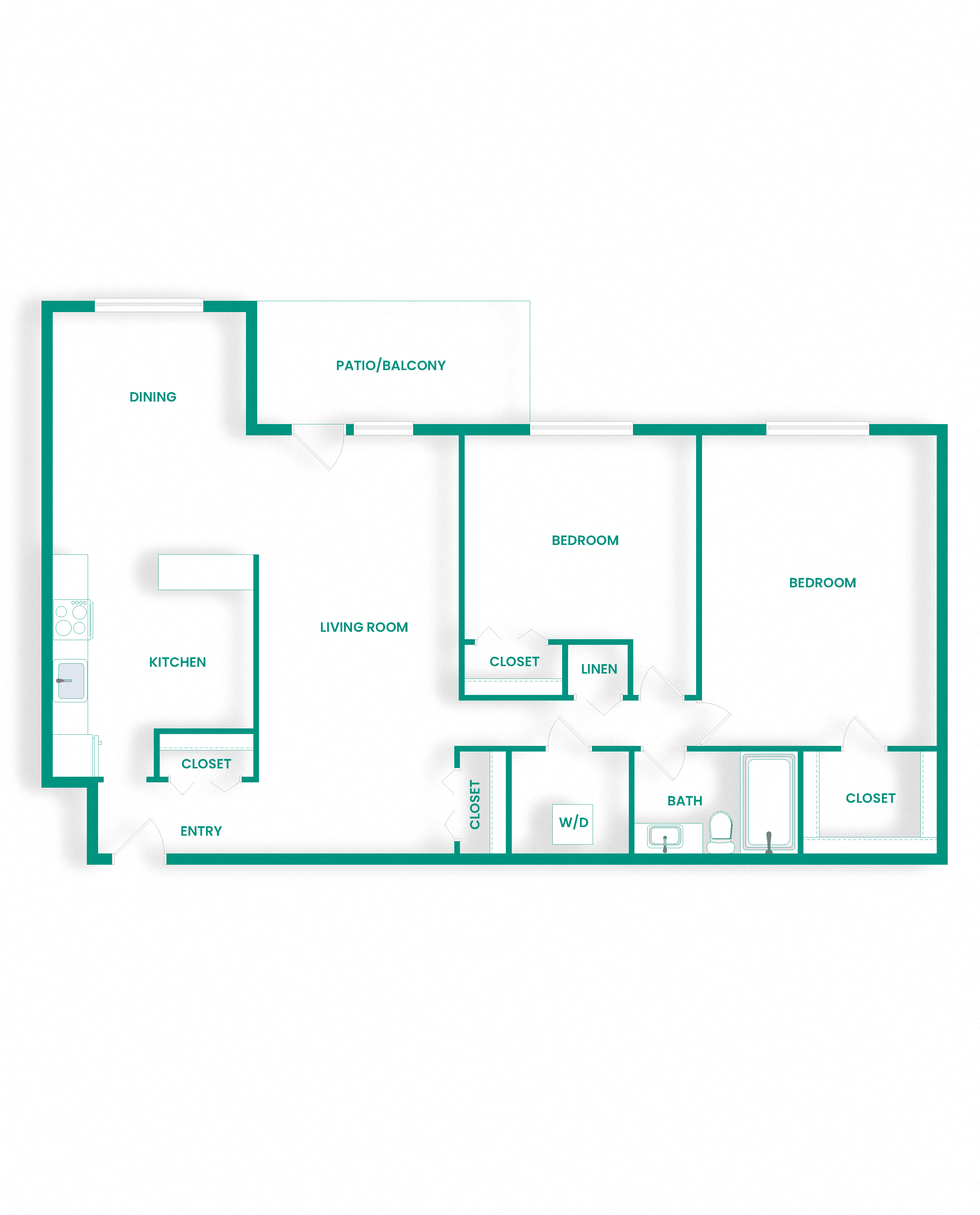 Floor plan for 2 beds, 1 bath, 1069 sqft